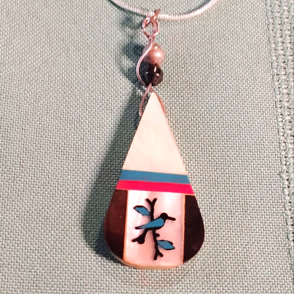 🔥 INLAY TEARDROP. TURQUOISE, CORAL AND BLACK ONYX, PENDANT. 18 INCH. STERLING.
